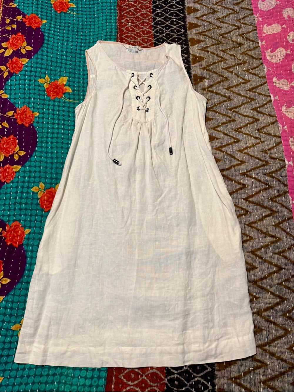 Boden Sleeveless Lace-Up White Linen Dress with Pockets